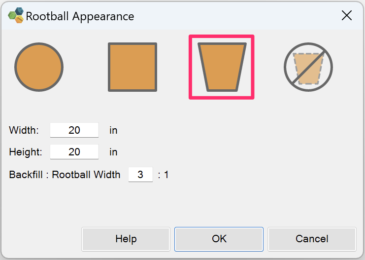 Rootball Appearance dialog box, pot shape option