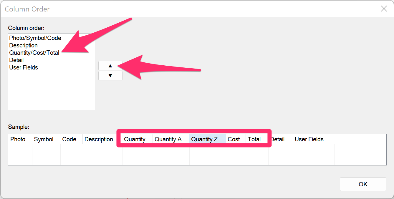 Column Order dialog box showing selected column group and up arrow