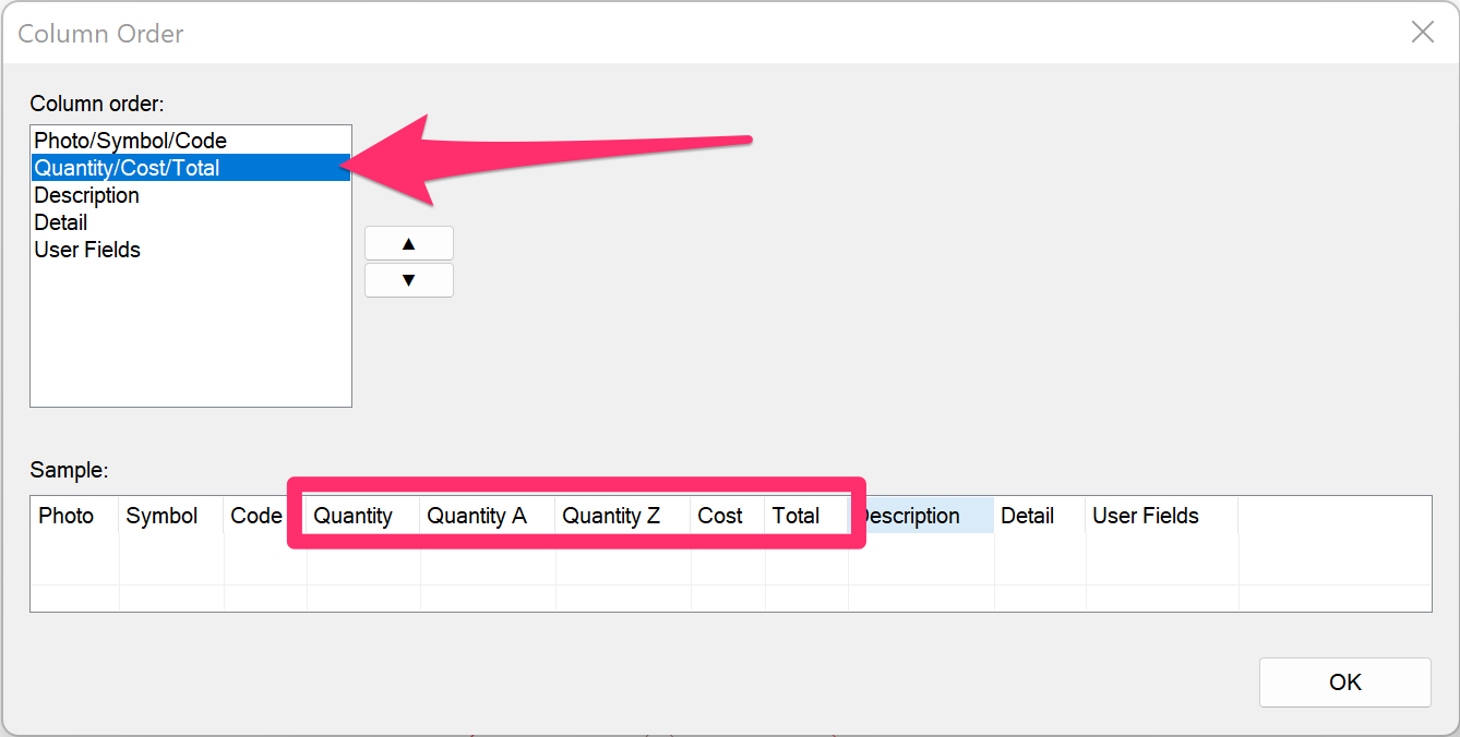 Column Order dialog box, columns reordered