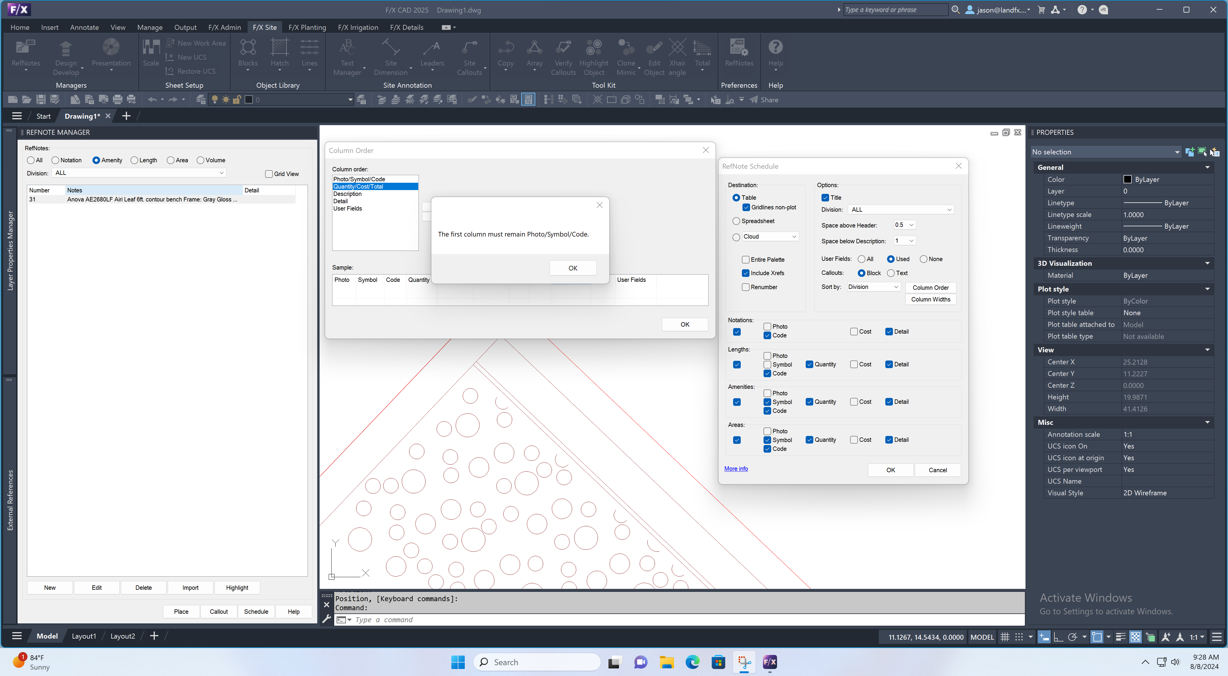 Column Order dialog box with The first column must remain Photo/Symbol/Code message