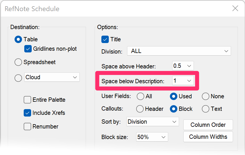 RefNote Schedule dialog box, Space Below Description setting