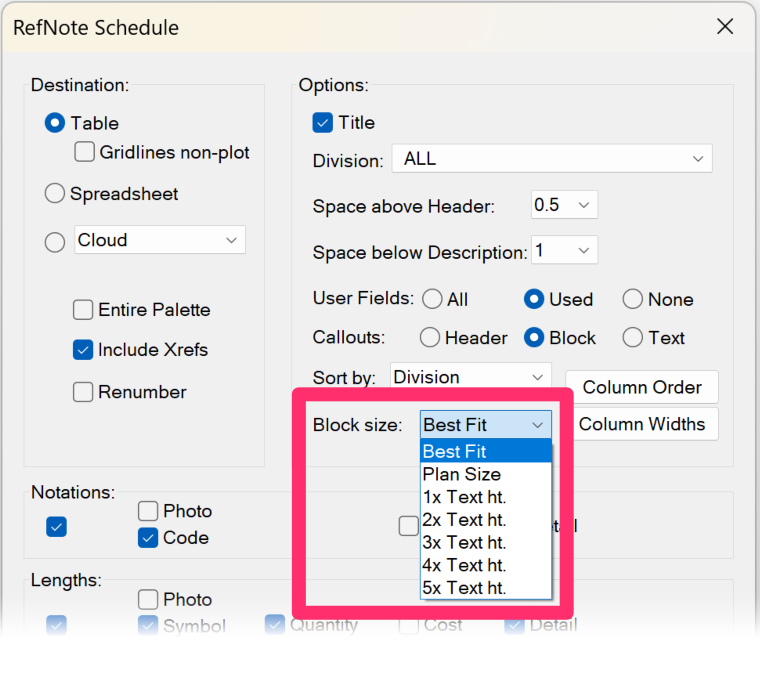 RefNote Schedule dialog box, Block Size menu options