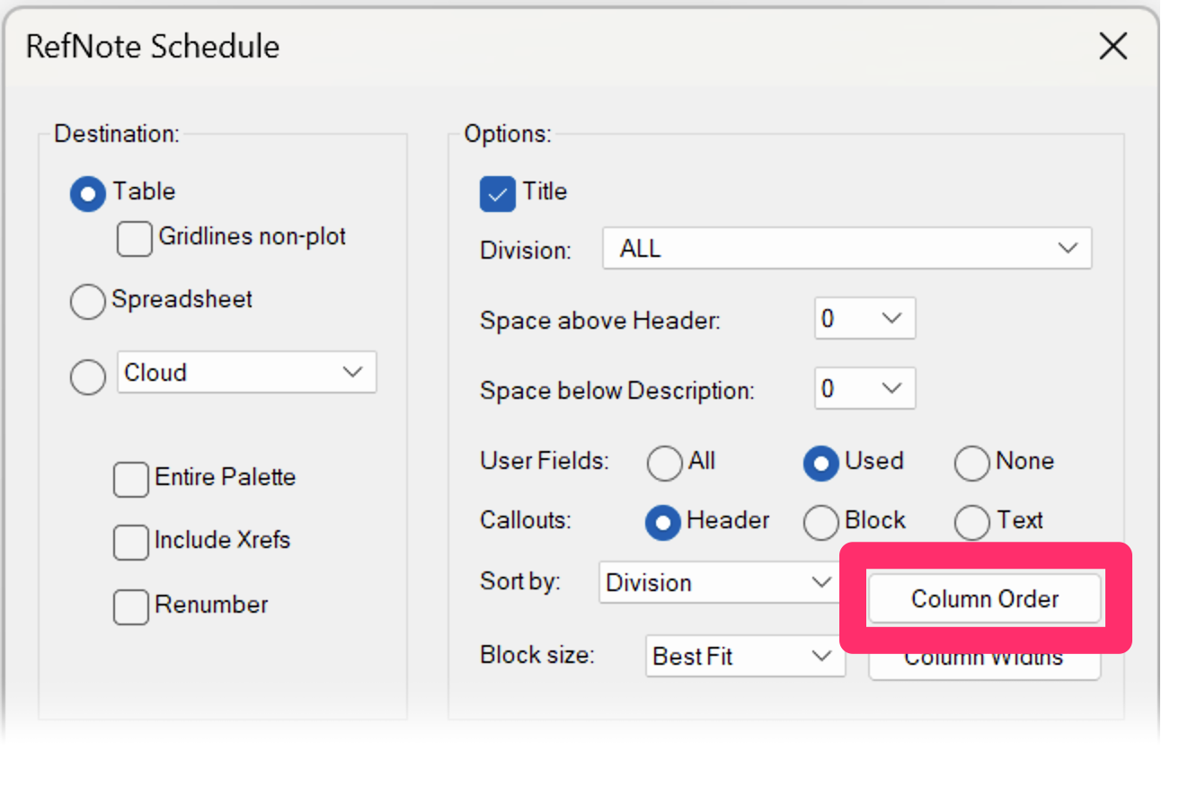 RefNote Schedule dialog box, Column Order button