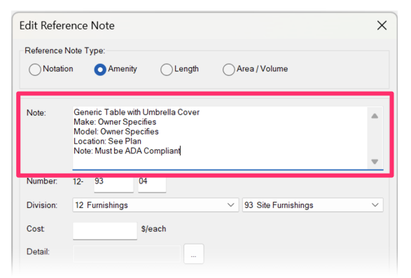 Edit Reference Note dialog box, Note section