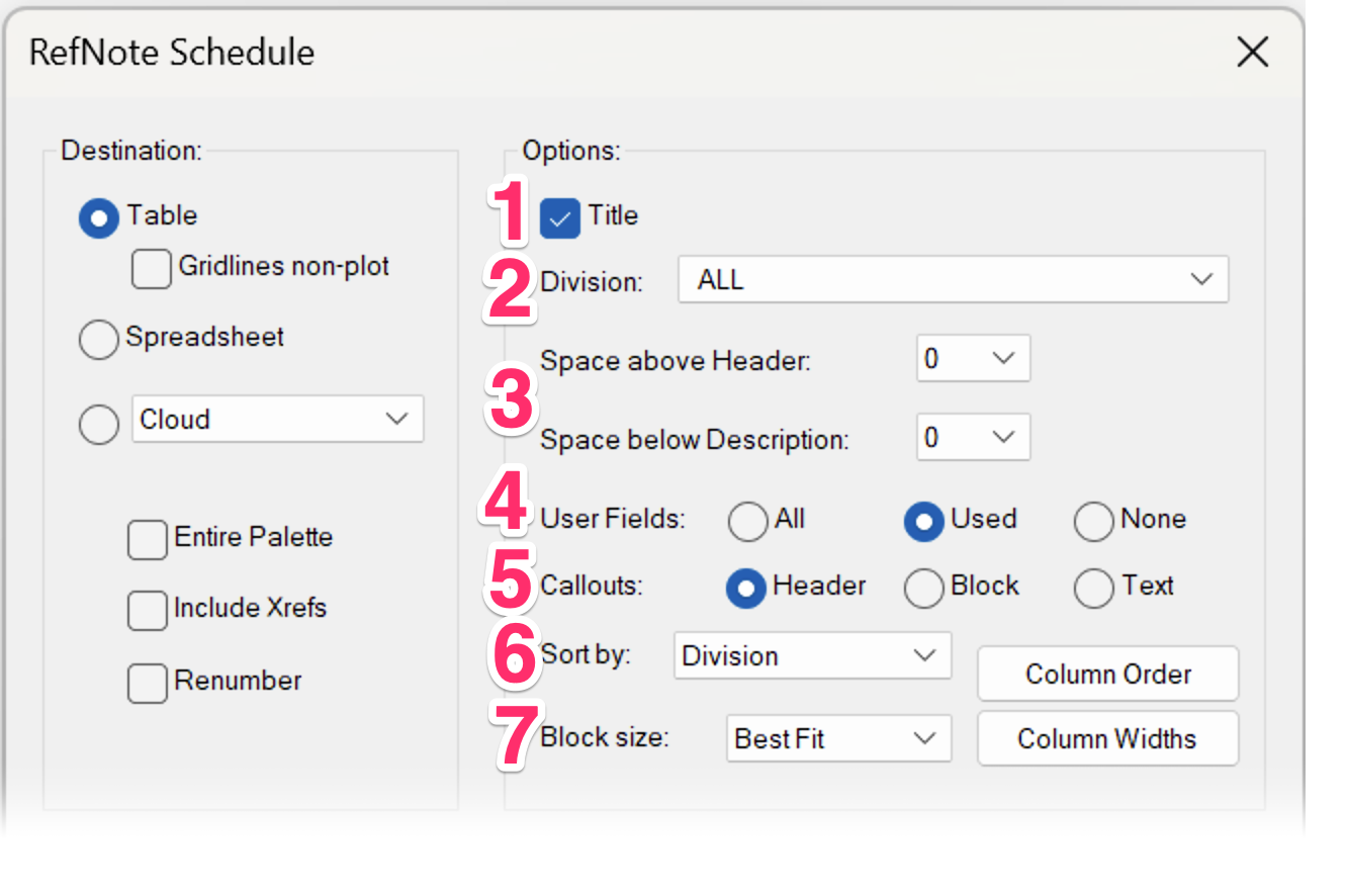 Options section in the RefNote Schedule dialog box