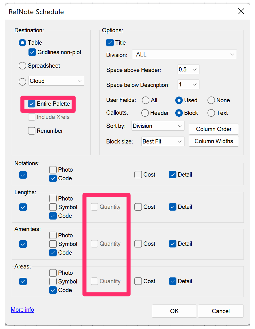 RefNote Schedule dialog box, Entire Palette option