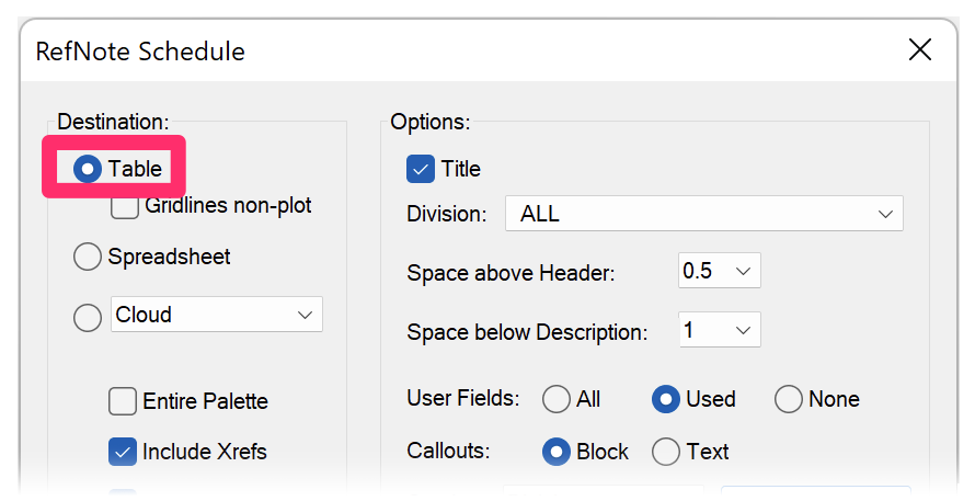 Table destination option (table with plotting gridlines)