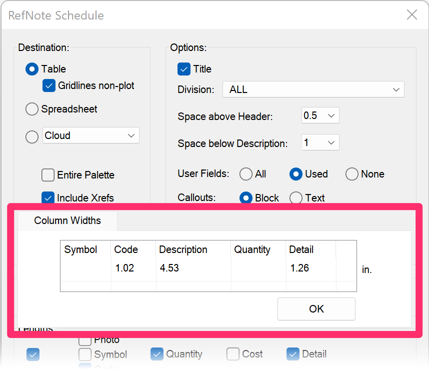 Column Widths section in the RefNote Schedule dialog box