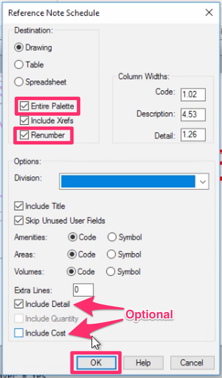 Reference Notes Schedule dialog box, Entire Palette and Renumber buttons