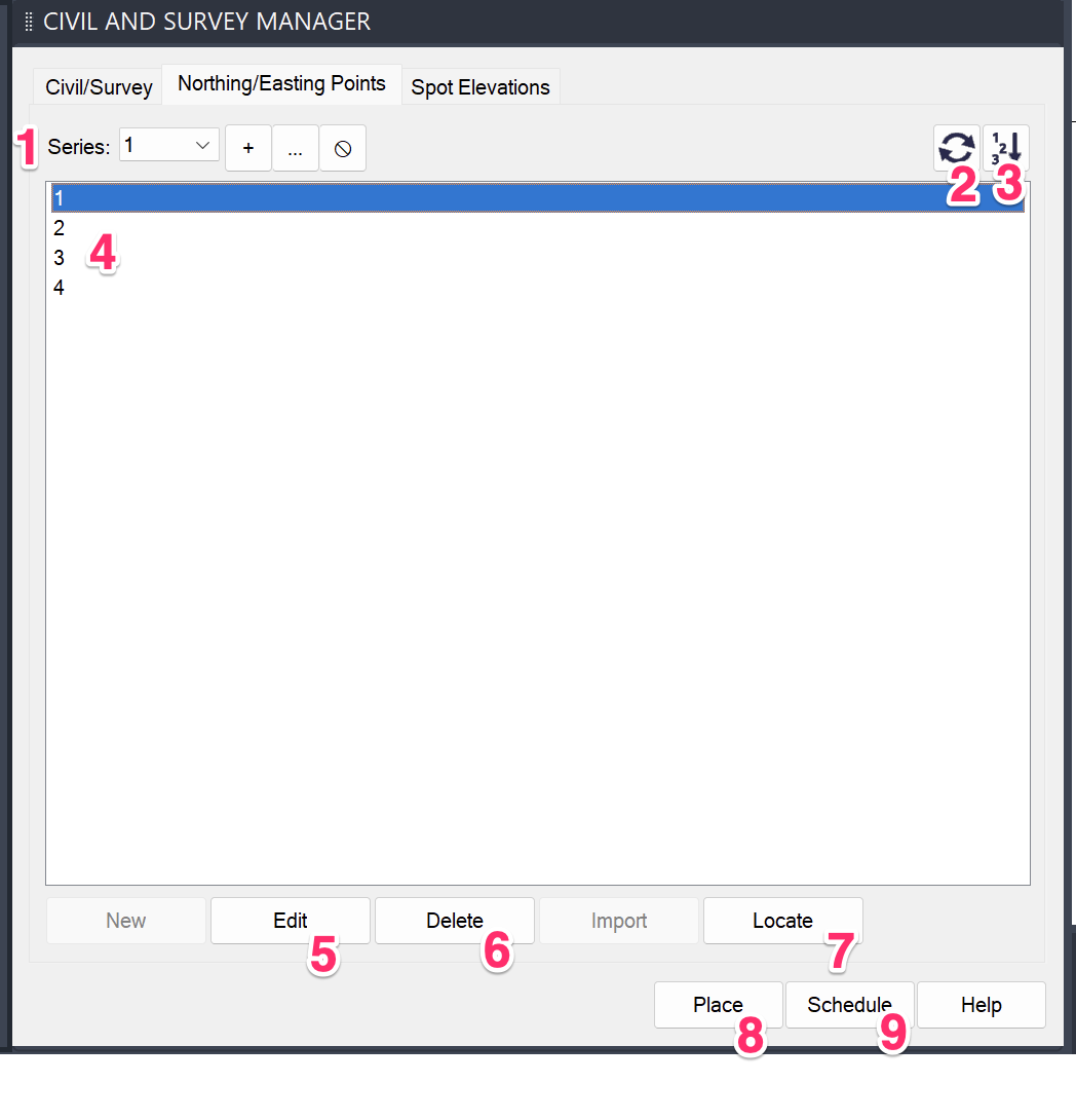 Northing/Easting Points listed in the Civil and Survey Manager