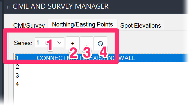 Civil and Survey Manager showing Northing/Easting Points series options