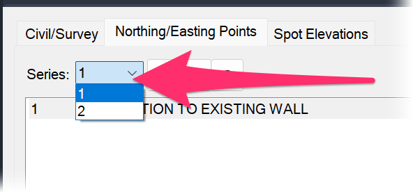 Civil and Survey Manager showing Northing/Easting Points series selection menu