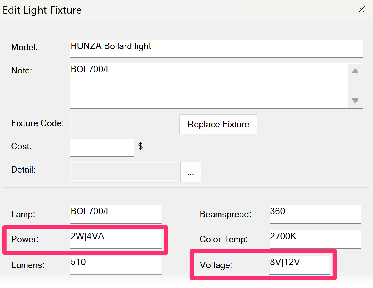 Edit Light Fixture dialog box, Power and Voltage fields