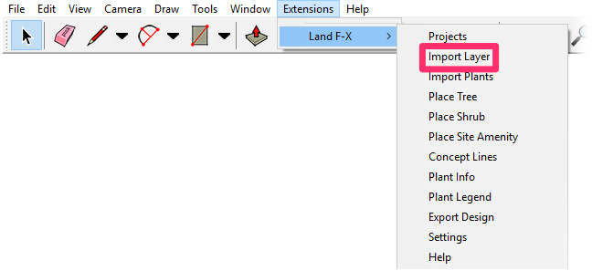 Land-FX menu in SketchUp, Import Layer option