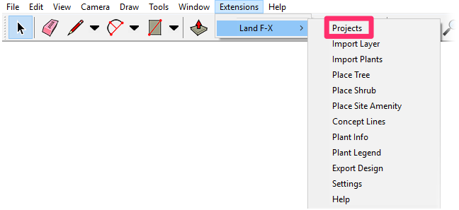 Land-FX menu in SketchUp, Projects option