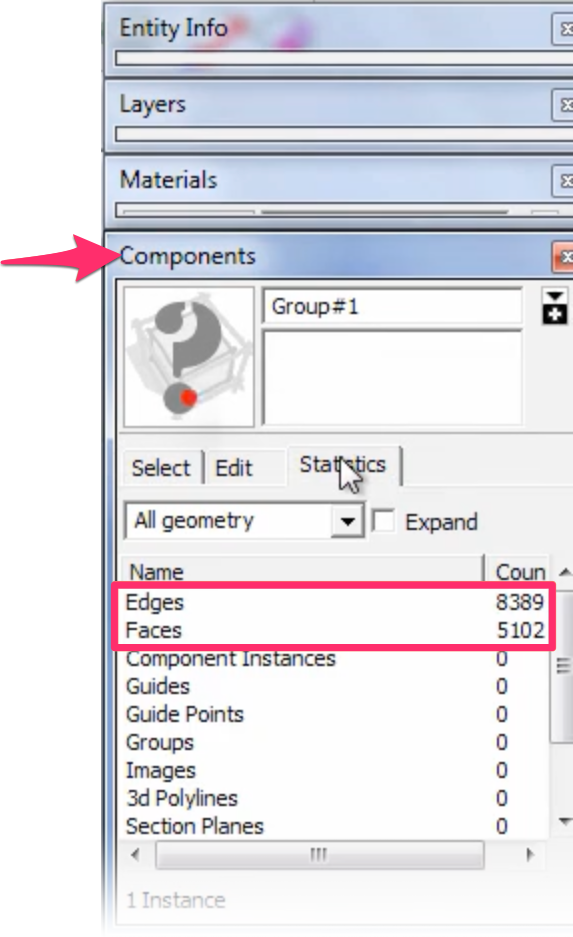 Components pane, Edges and Faces items