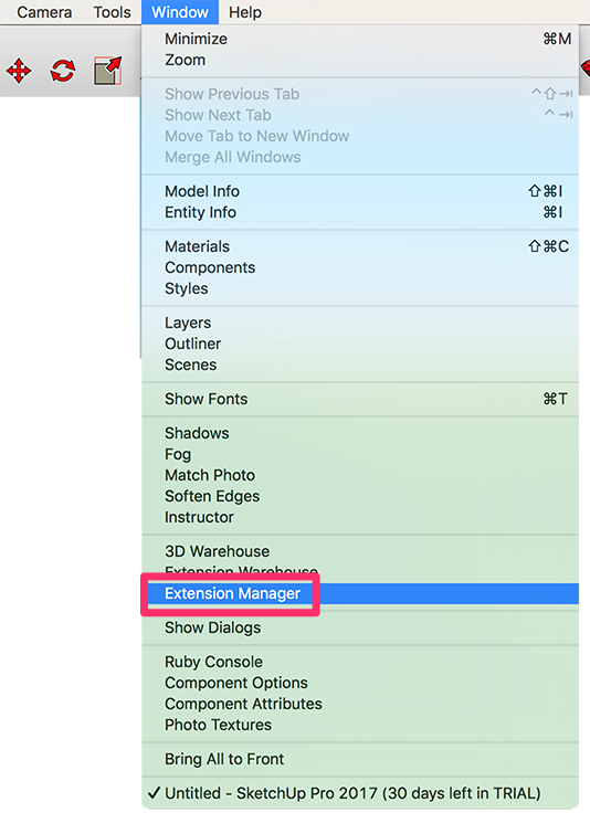 Window menu, Extension Manager option