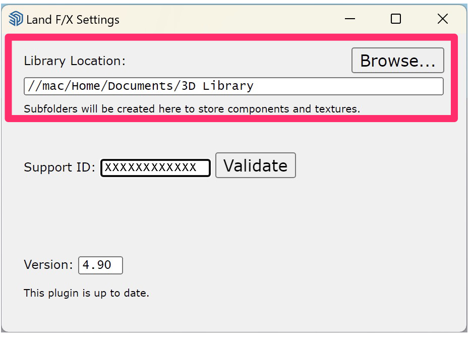 Land F/X Settings dialog box, Library Location field