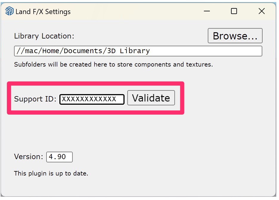 Land F/X Settings dialog box, Support ID field