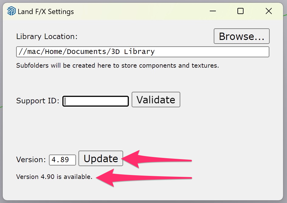 Land F/X Settings dialog box, Update button and available version