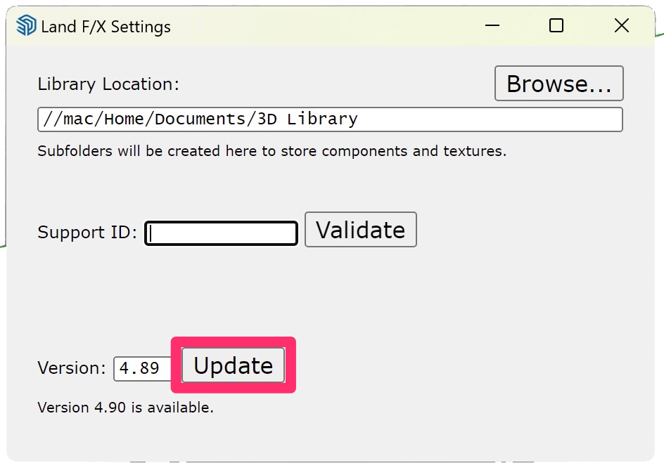 Land F/X Settings dialog box, Update button